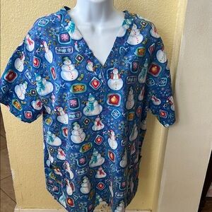 Scrub top Blue Snowman Print , GUC